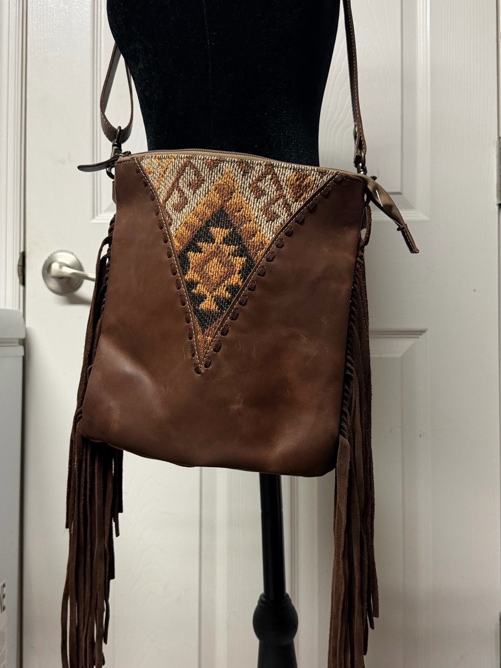 Boho Fringe Leather Crossbody Bag in Brown